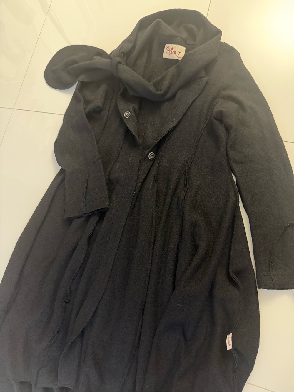 Black Long Bubble Hem Coat with Scarf Collar - Picture 4 of 9